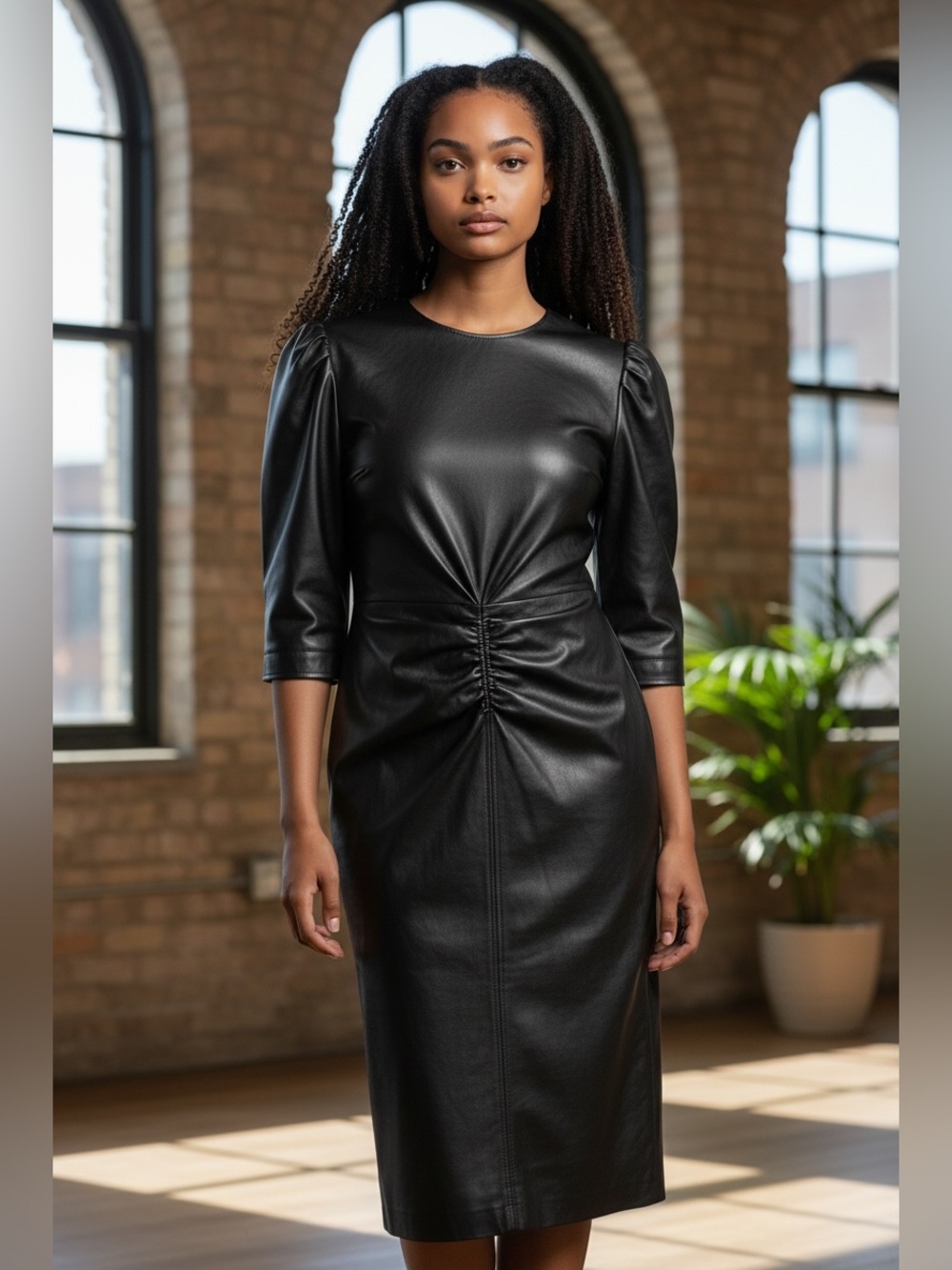 Zara Black Faux Leather Midi Dress